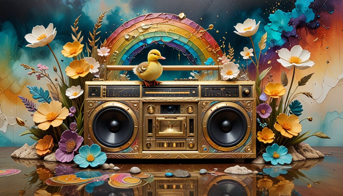 Boombox and Duckling in Dreamlike Surrealist Landscape