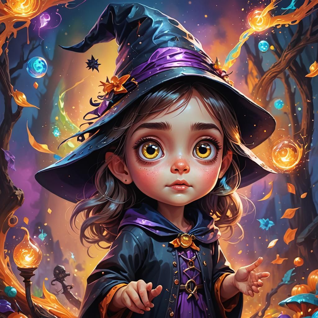 Adorable Little Witch Casting a Spell: Digital Art