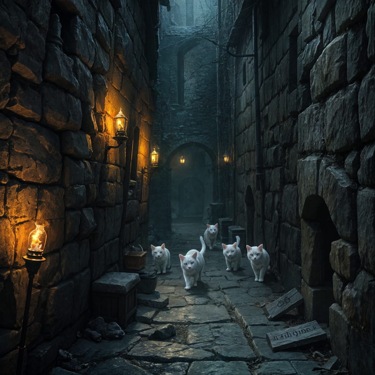 Ghost Cats in Medieval Alleyway: D&D Realistic Image