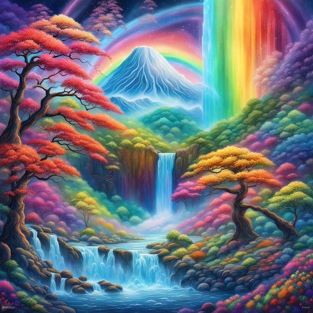 Rainbow Waterfall Japanese Scene in Cosmic Style