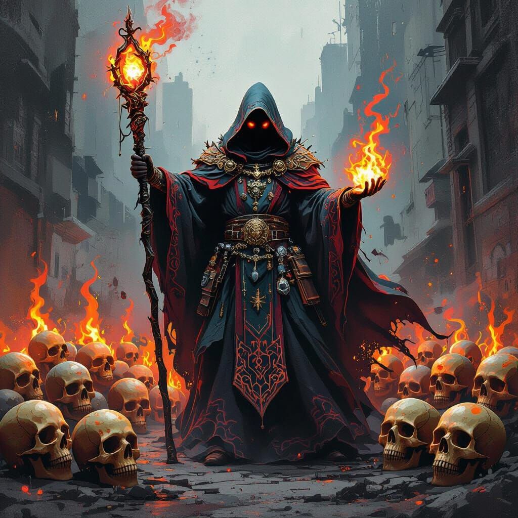 Wizard Commands Fire Skull Army in Graffiti Art Style
