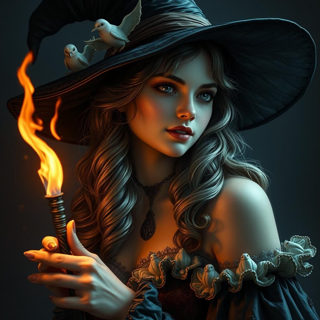 Dreamy Witch Pin-Up Portrait in Digital Illustration