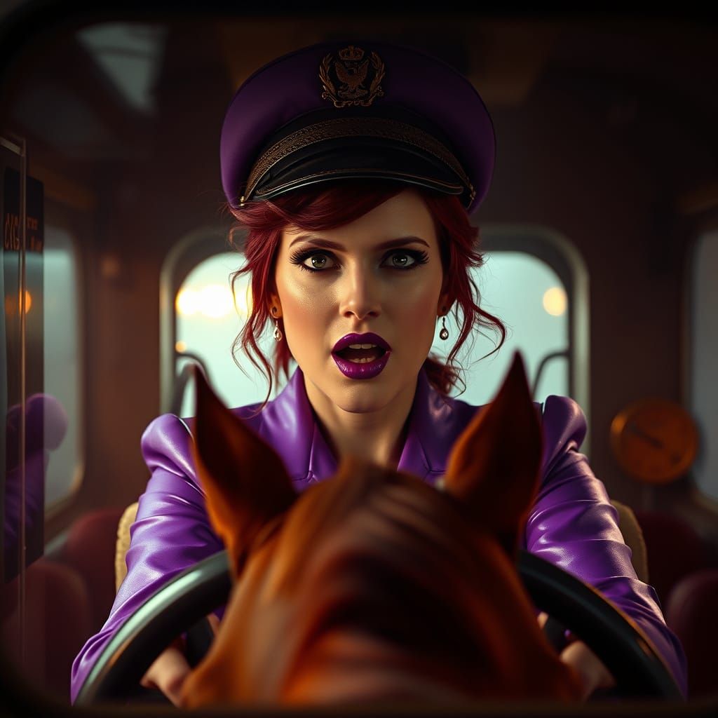 Mature Redheaded Pin-Up Conductor in a 1970s Crime Film Atmo...