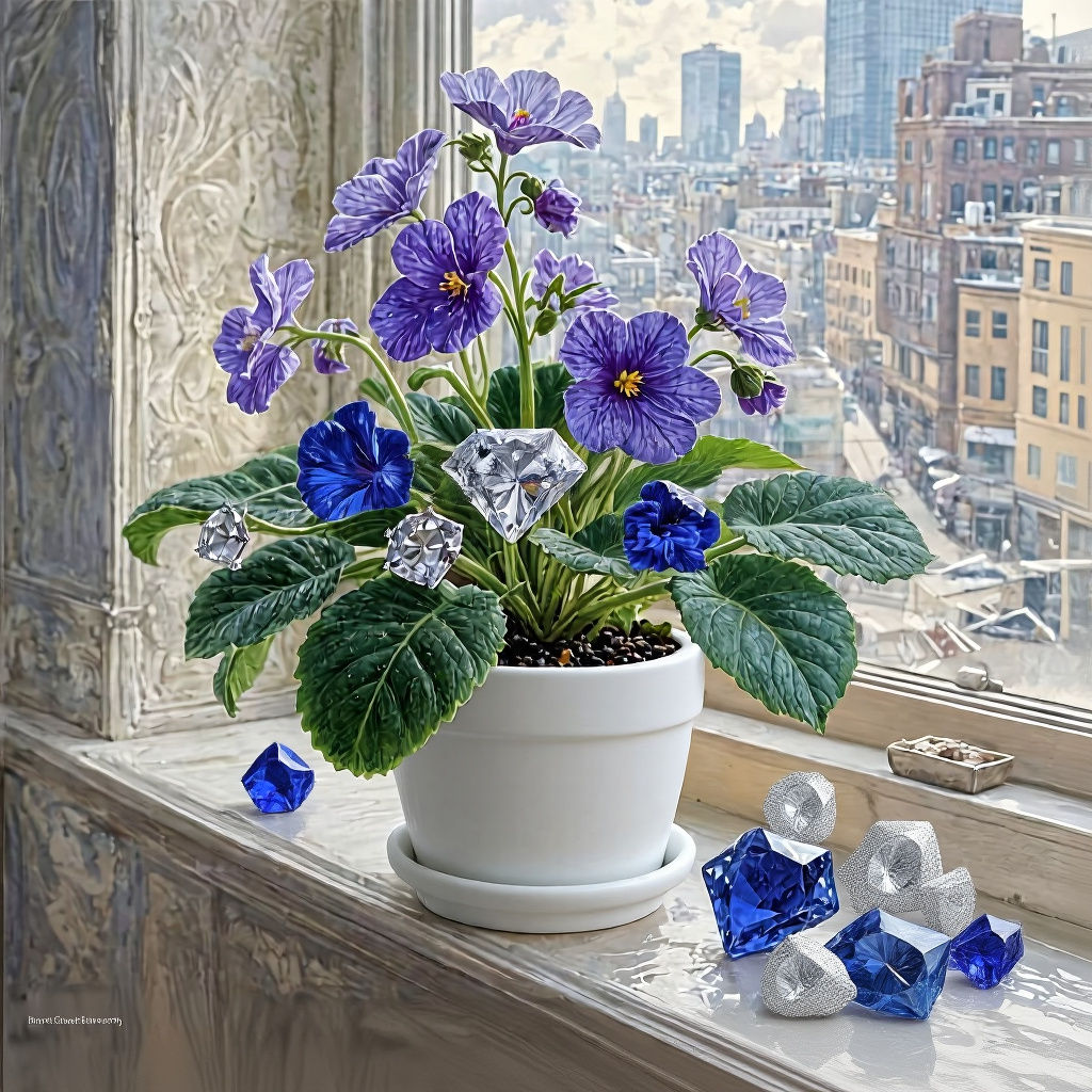 African Violet Plant Growing Gemstones in Oil Painting Style