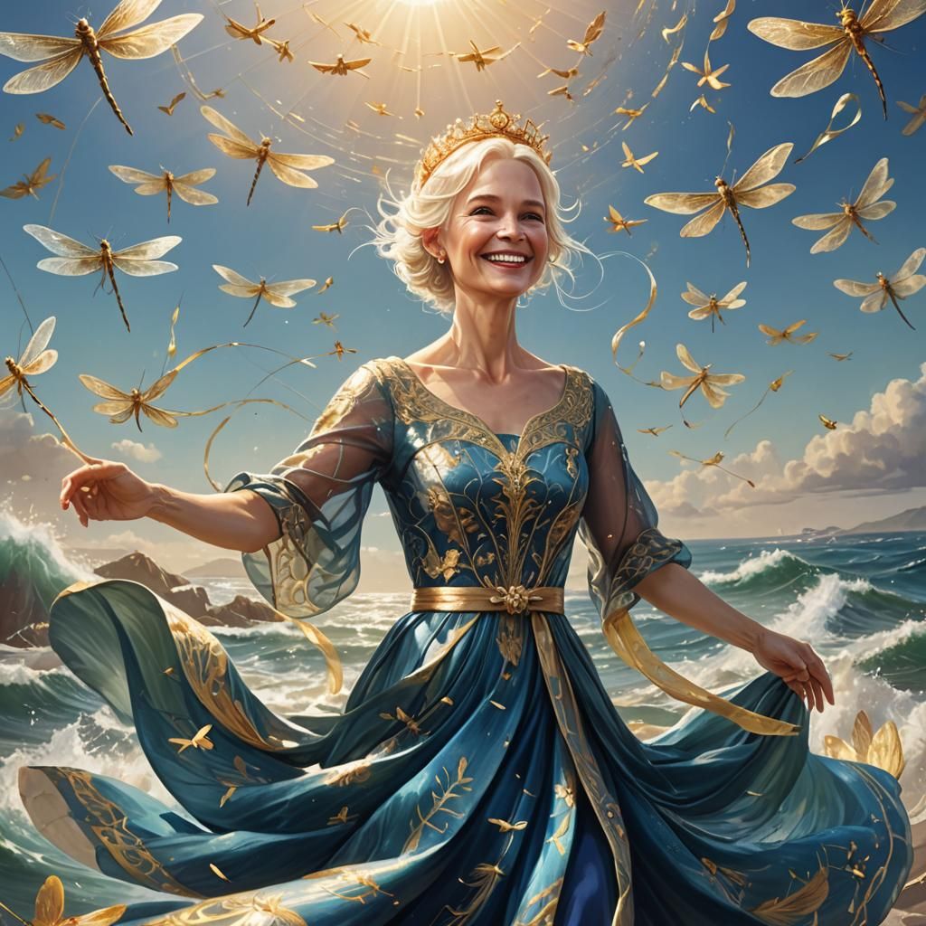 Golden Threads: Woman and Dragonflies in Digital Art