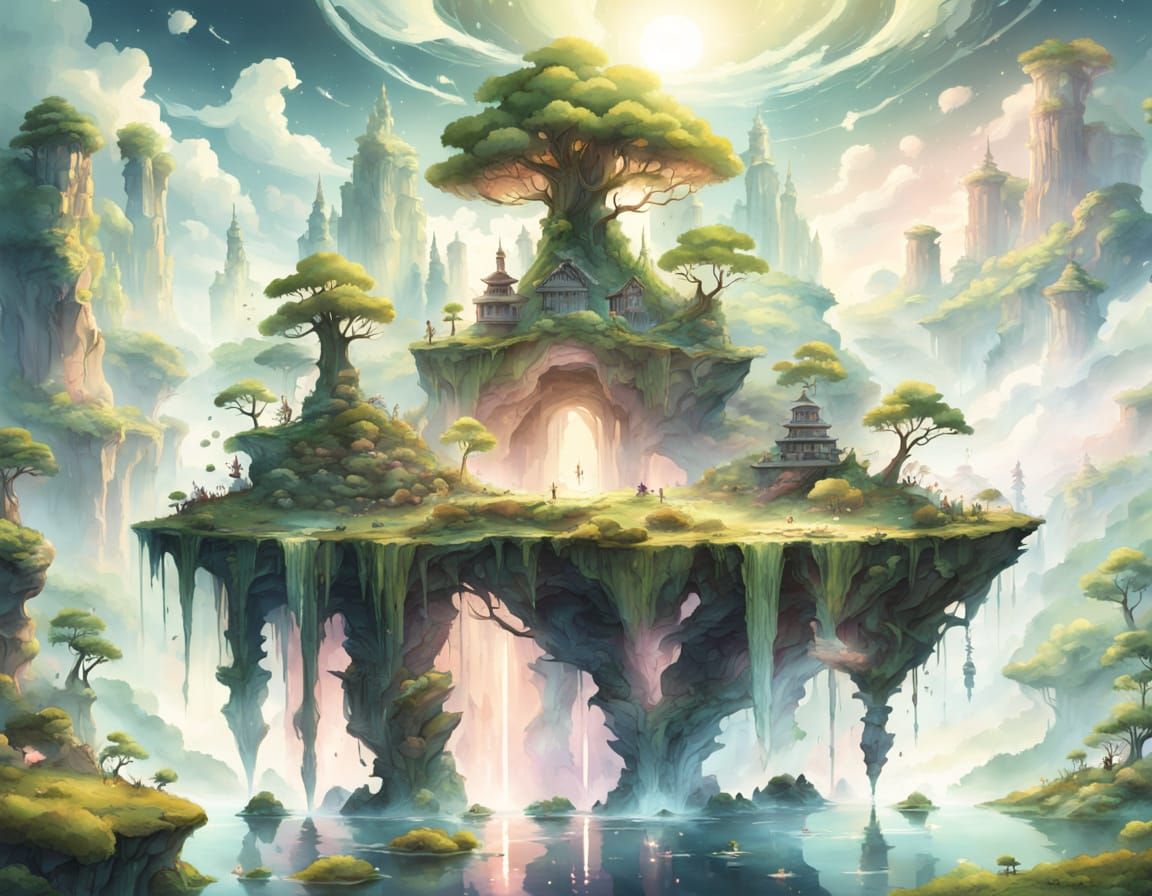 Floating Island Paradise with Cascading Waterfalls