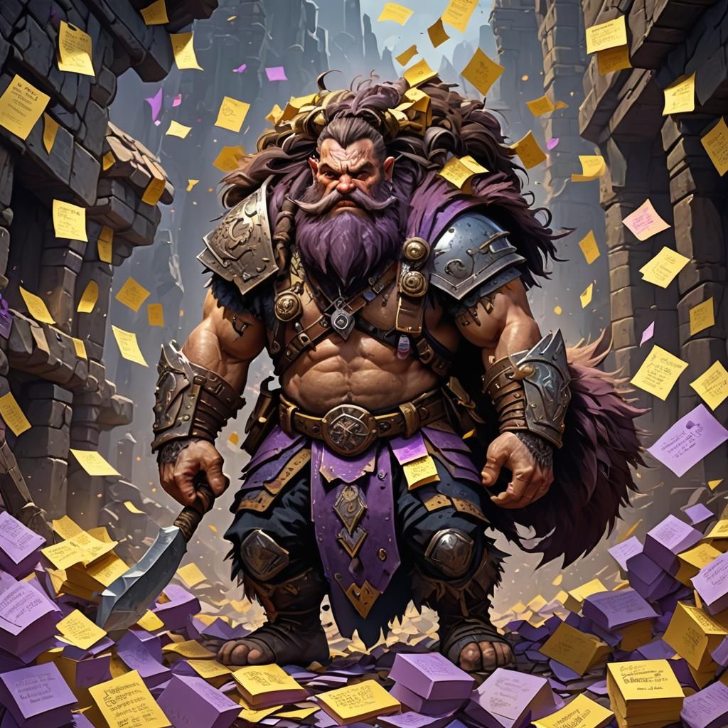 Dwarven Berserker Overwhelmed by Post-it Notes