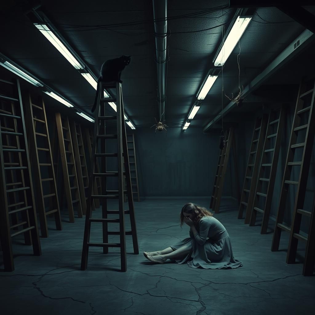 Eerie Garage with Ladders in Film Noir Style