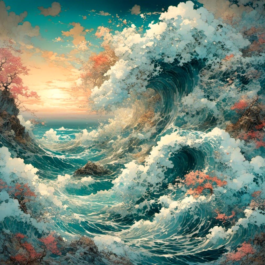 Japanese Seascape with 3D Waves in Manhwa Style
