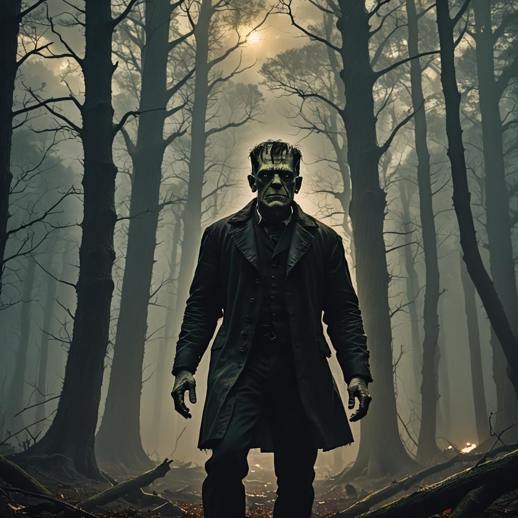 Frankenstein's Monster in a Misty Forest: Gothic Horror