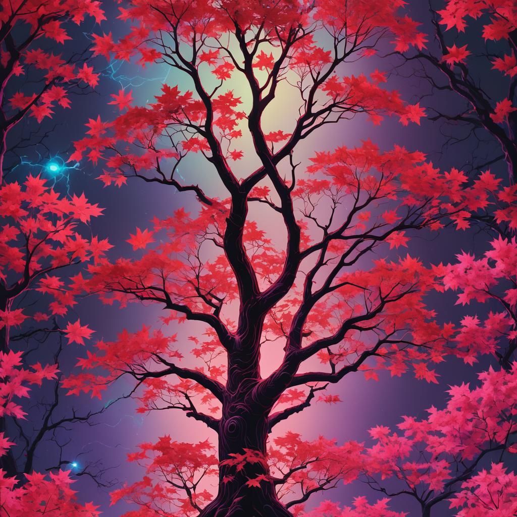 Red Maple God Tree in Synthwave Neon Style