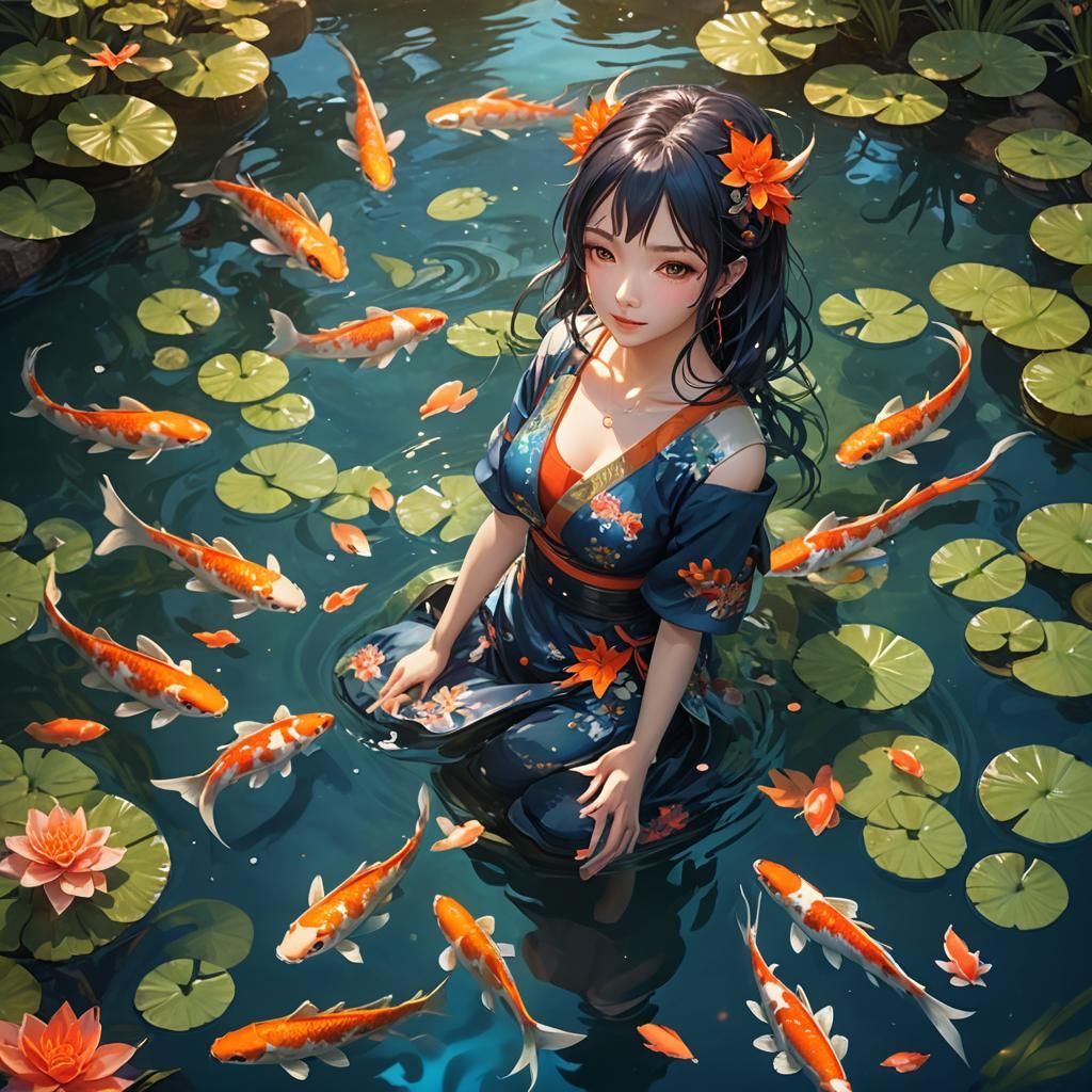 Anime Girl with Dragon Ears in Japanese Koi Pond