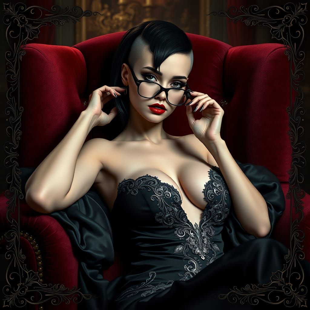 Seductive Gothic Goddess in Velvet Armchair