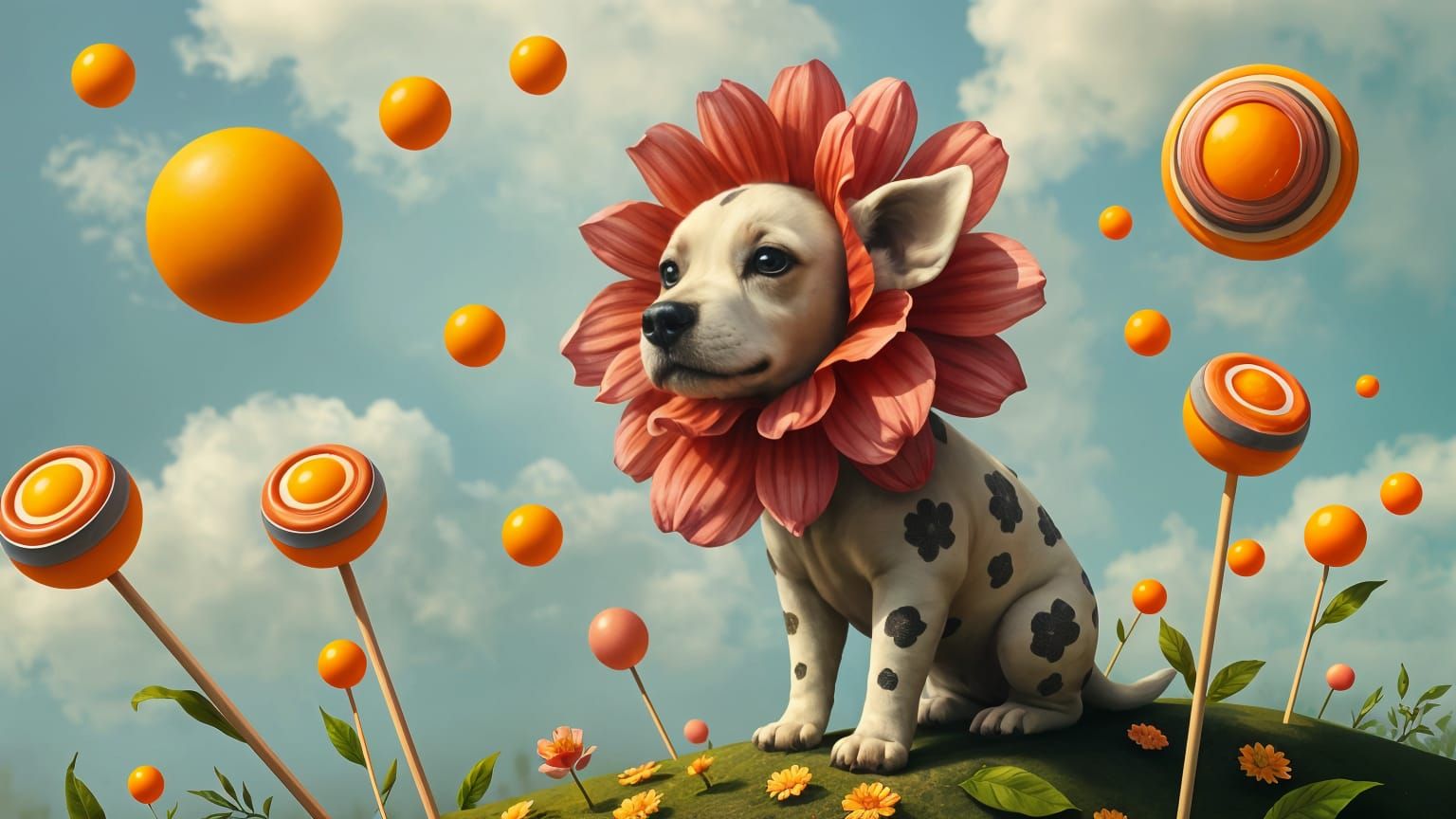 Surrealistic Landscape with Lollipops and Floral Canine