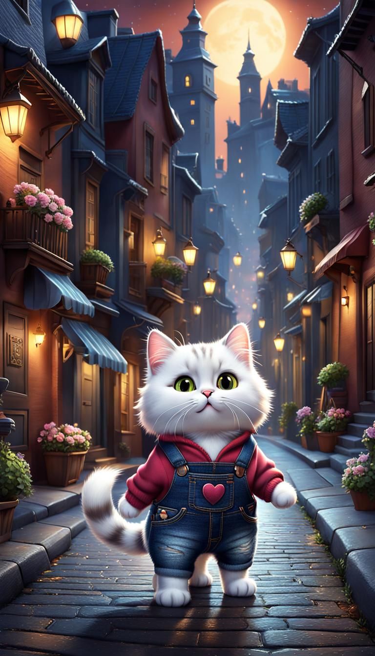 Adorable CGI cartoon, two fluffy, adorable, little cat  dres...