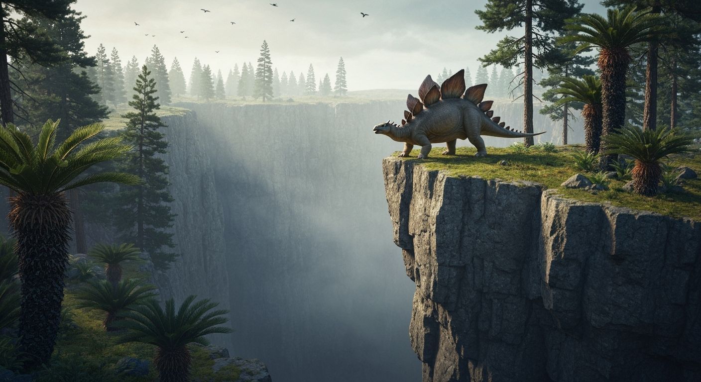 Stegosaurus Gazing into Misty Chasm, National Geographic Sty...