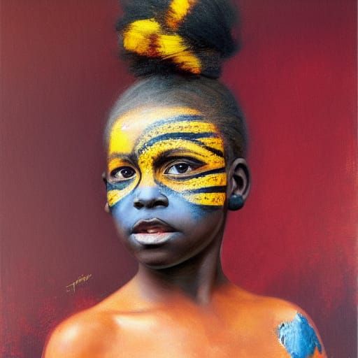African Girl with Warpaint Face, Dramatic Painting