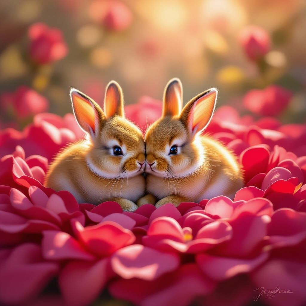 Two Baby Bunnies Resting on Rose Petals