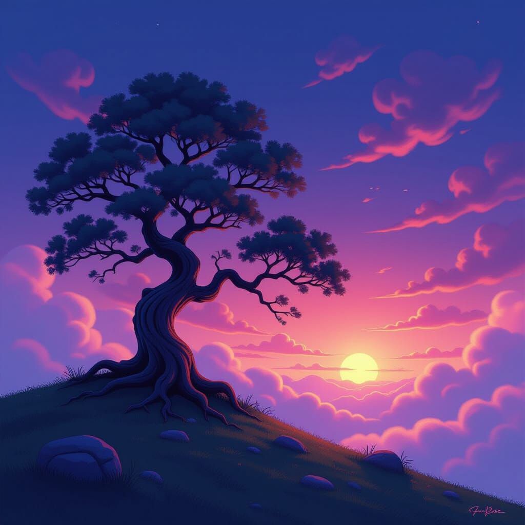 Ancient Tree Under Twilight Sky