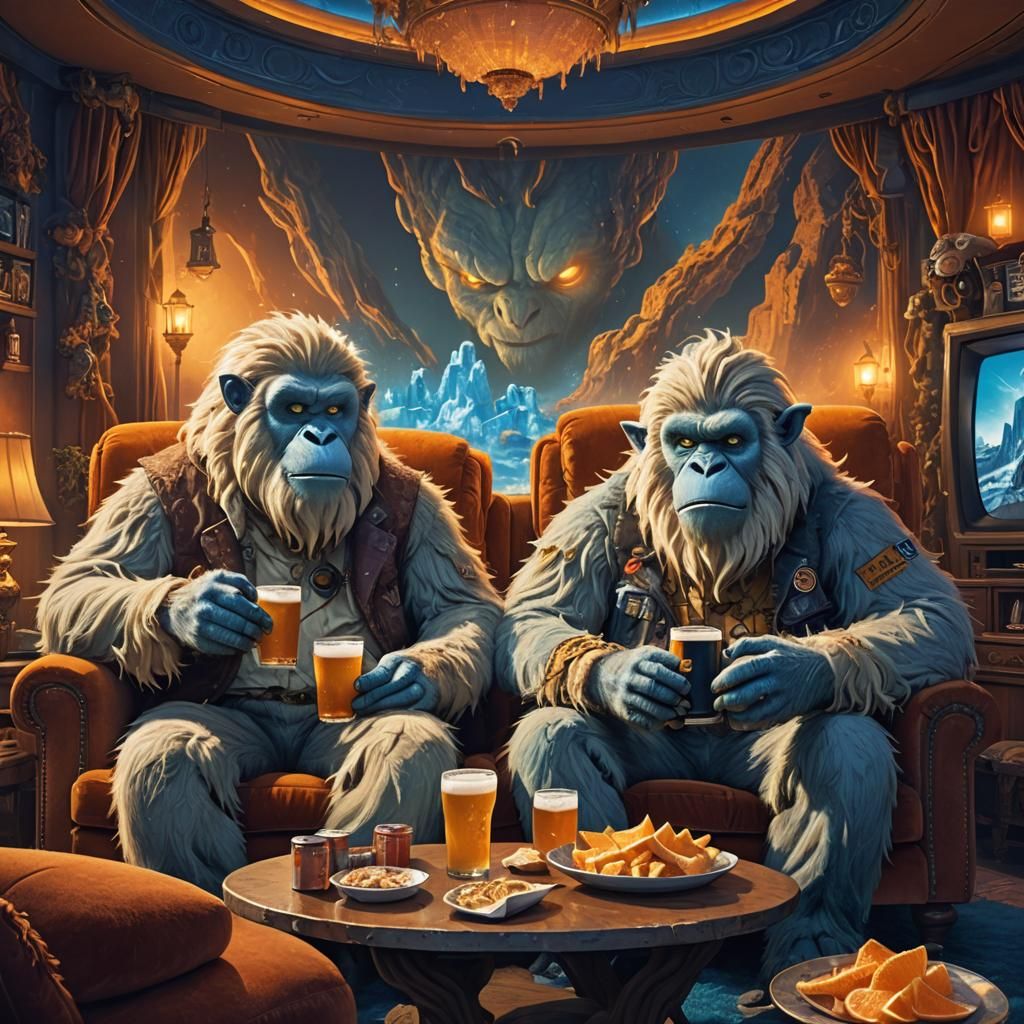 Yetis Watching TV in Matte Painting Style