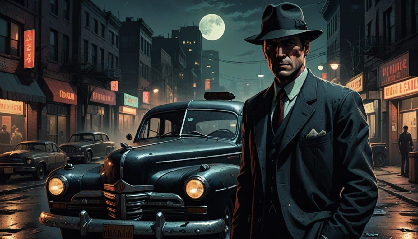 Retro Detective in Crimson Moonlight, 16-bit Pixel Art