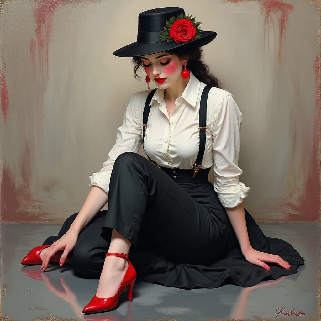 A soft impressionism, soft brush strokes oil, painting of a lady with a black hair wearing a black hat with a red rose a...