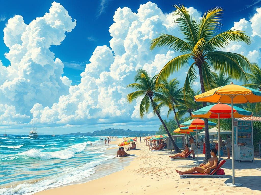 Surreal Summer Oasis in Vibrant Digital Ink Manga Style