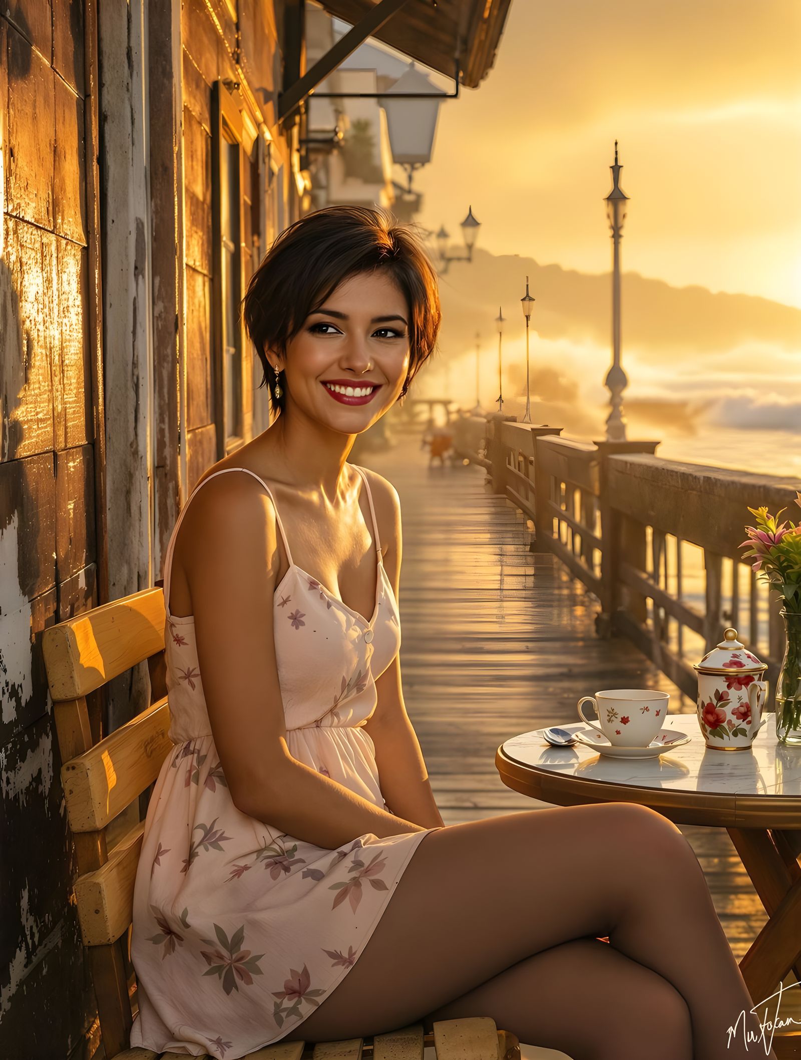 Elegant Chiaroscuro Portrait of a Woman in a Coastal Cafe