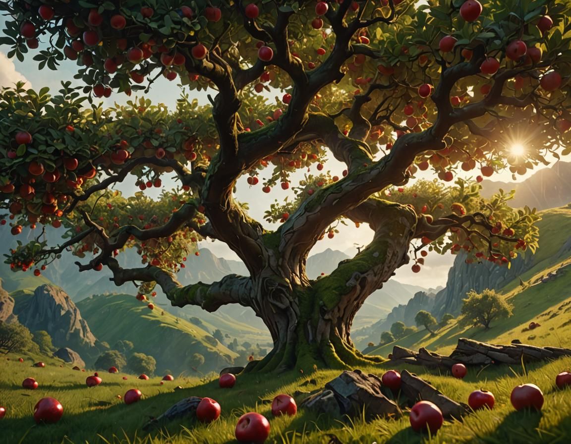Cinematic Apple Tree on Mountain Slope Painting