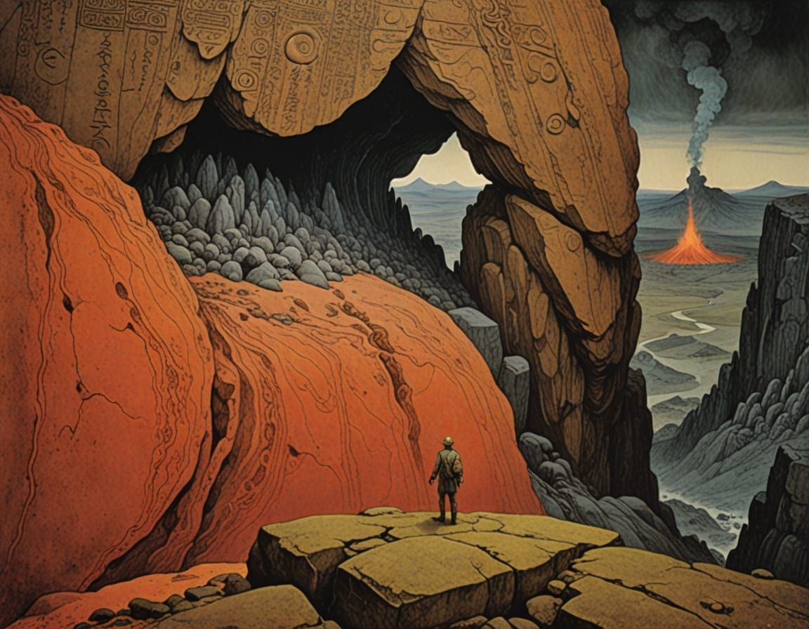 Man Examines Hieroglyphs with Folklore and Surrealist Style