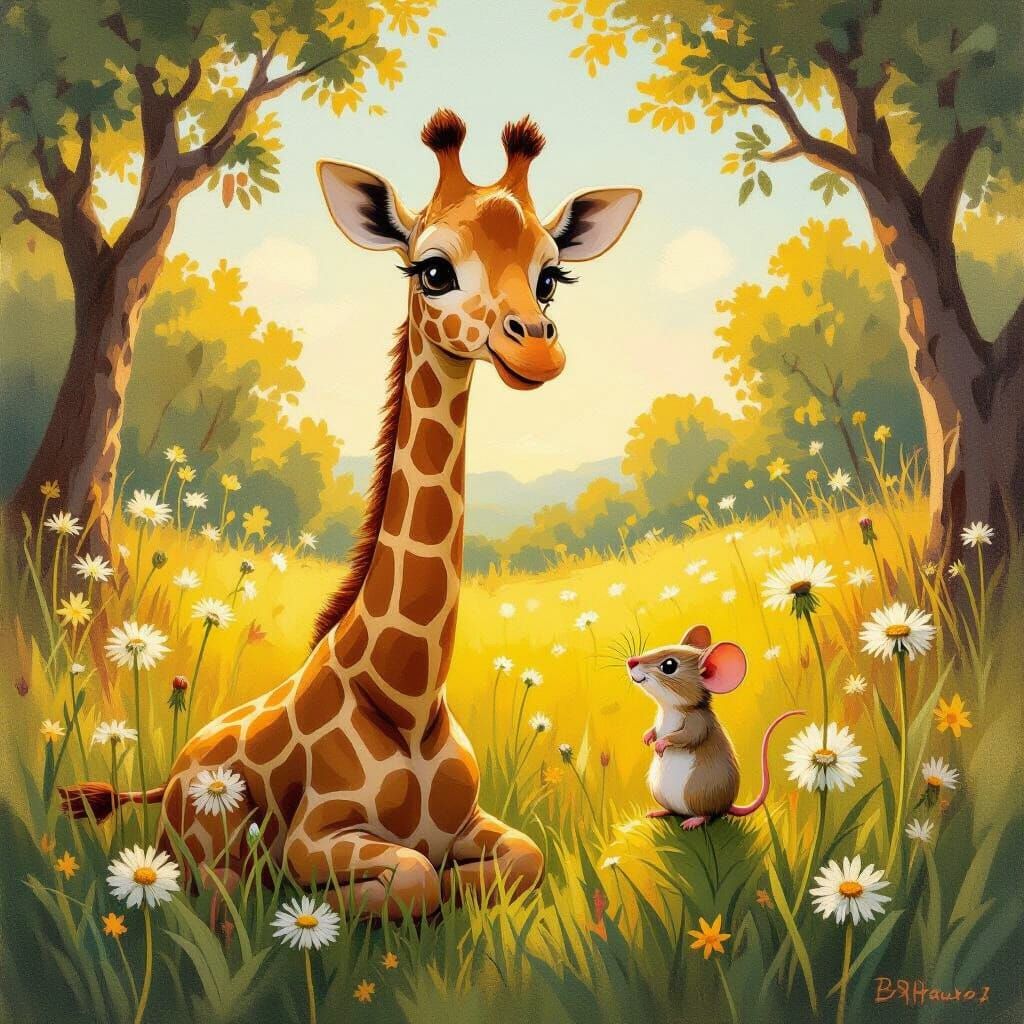 Whimsical Giraffe and Mouse Oil Painting in Enchanted Meadow
