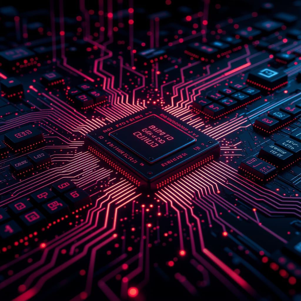 Futuristic Neon Black Canvas with Red Accents and Circuit De...