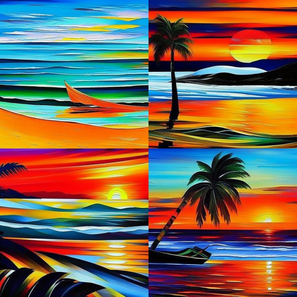 Ocean Sunset Beach Scene in Abstract Style