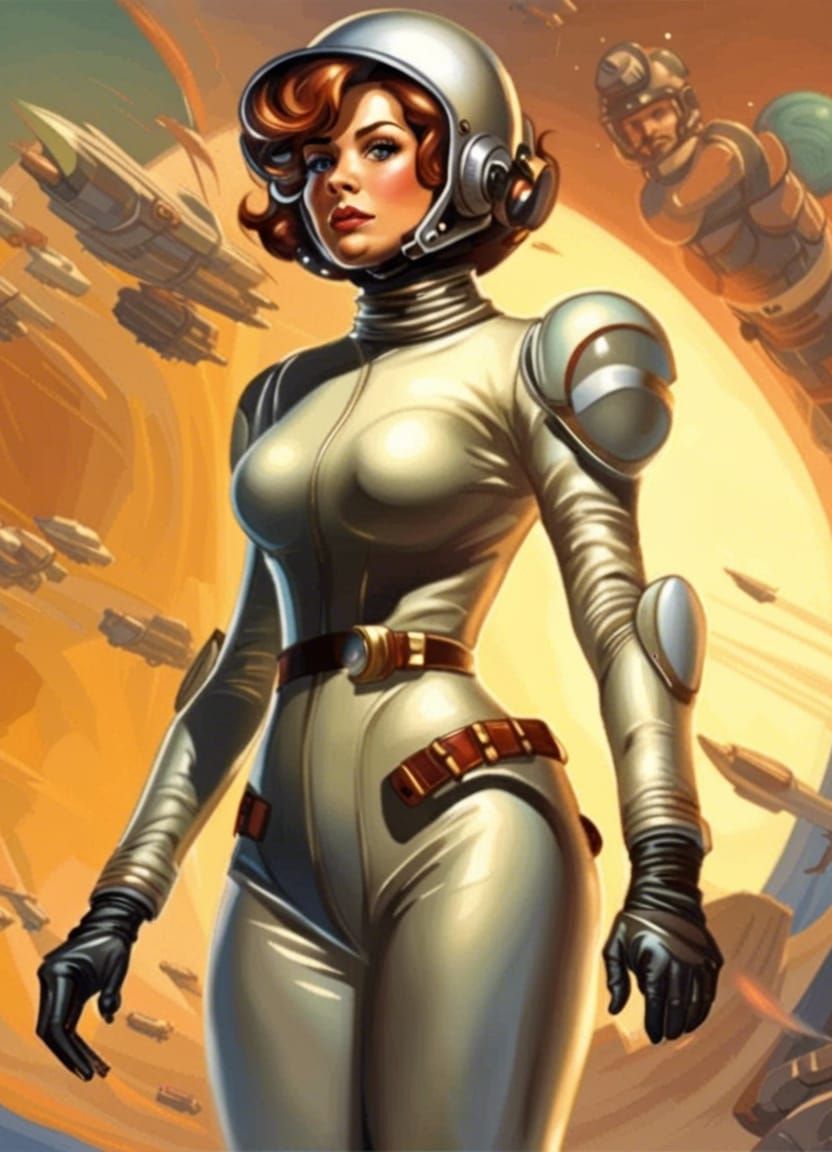 Retro Sci-Fi Female Rocketeer in Space