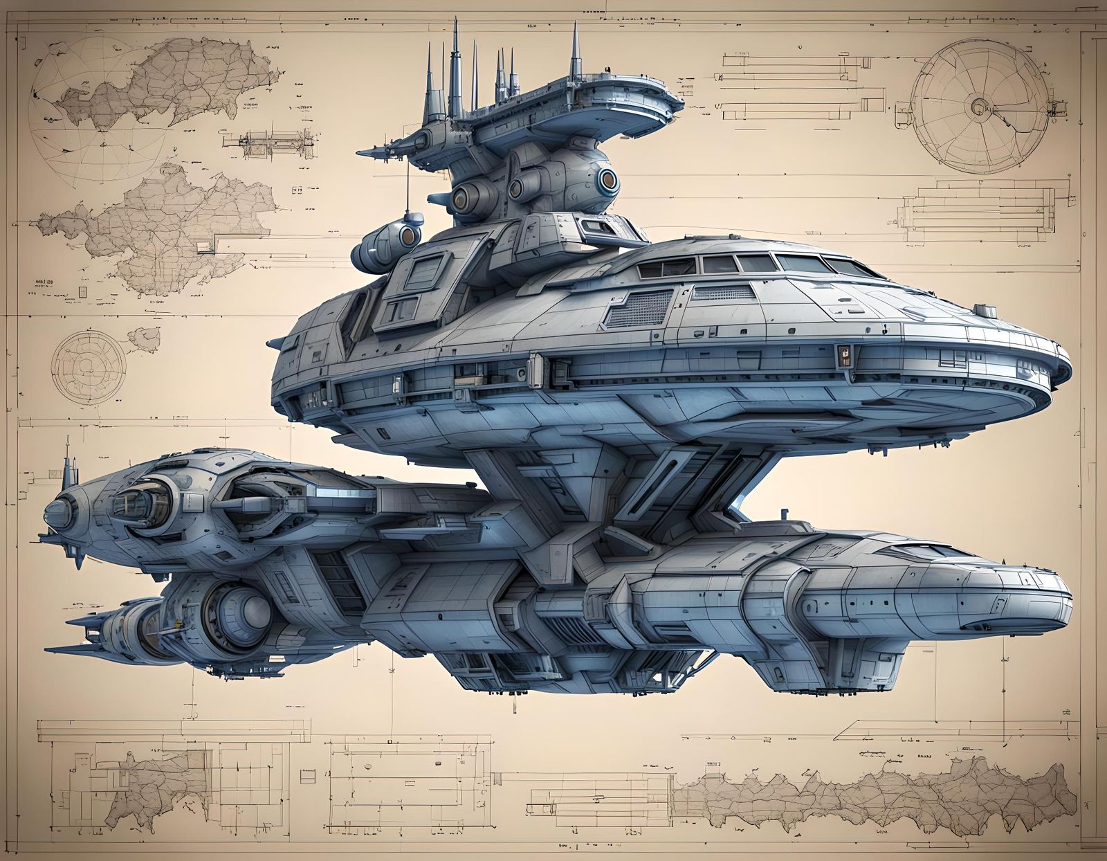 Detailed Starship Blueprint in Post-Apocalyptic Style