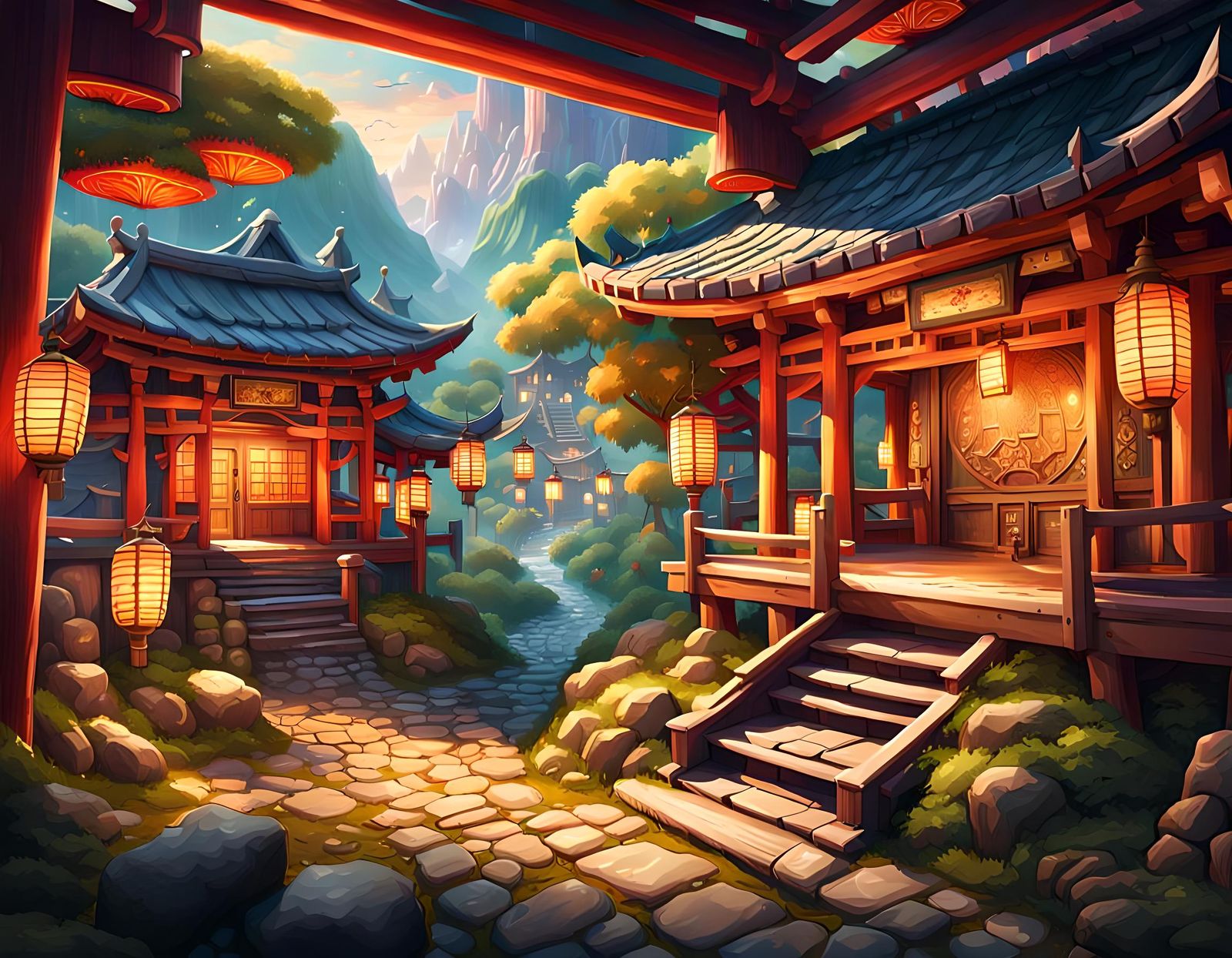 Japanese Village in Board Game-Themed World