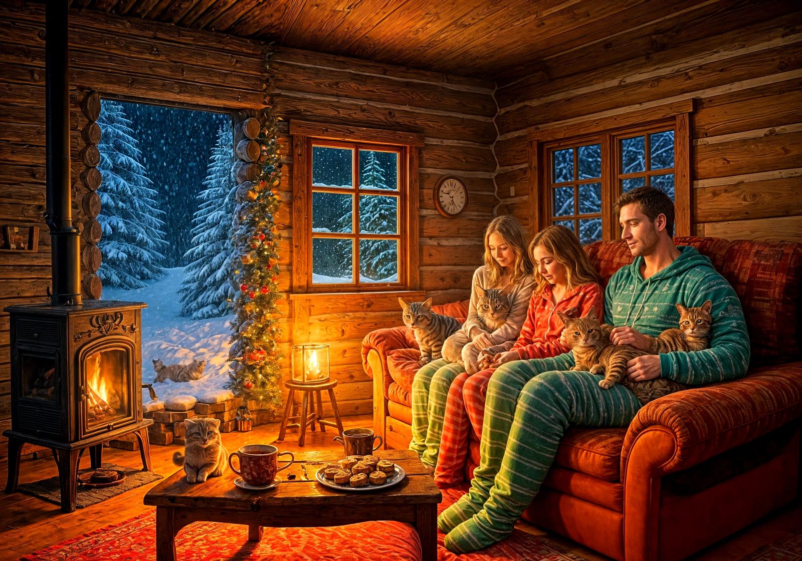 Cozy Family Night in a Vibrant Log Cabin