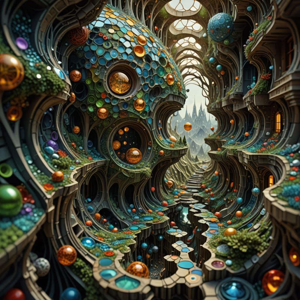 Surreal Mosaic: Protagonist Lost in a Whimsical Wonderland