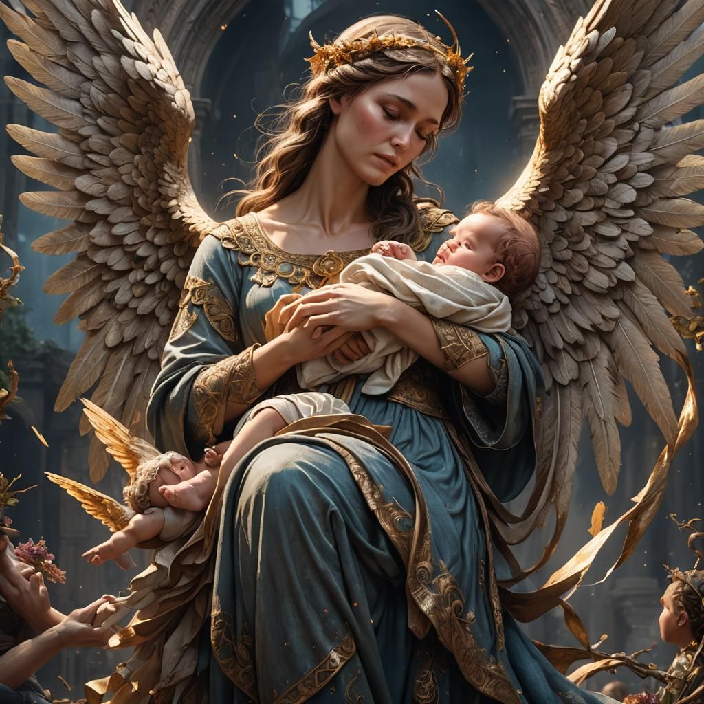 The Angel, now depicted as a loving mother, holding the newb...