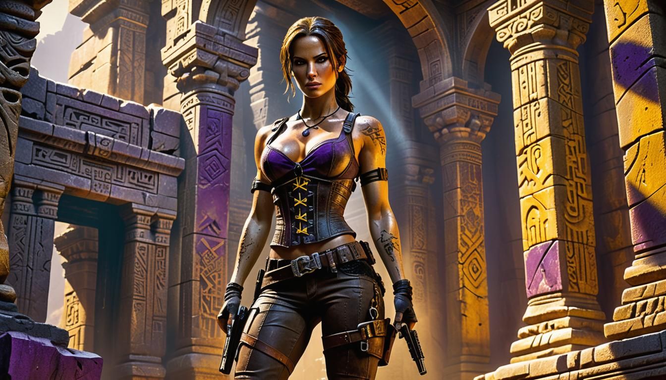Lara Croft in Ancient Temple, Dark Fantasy Art