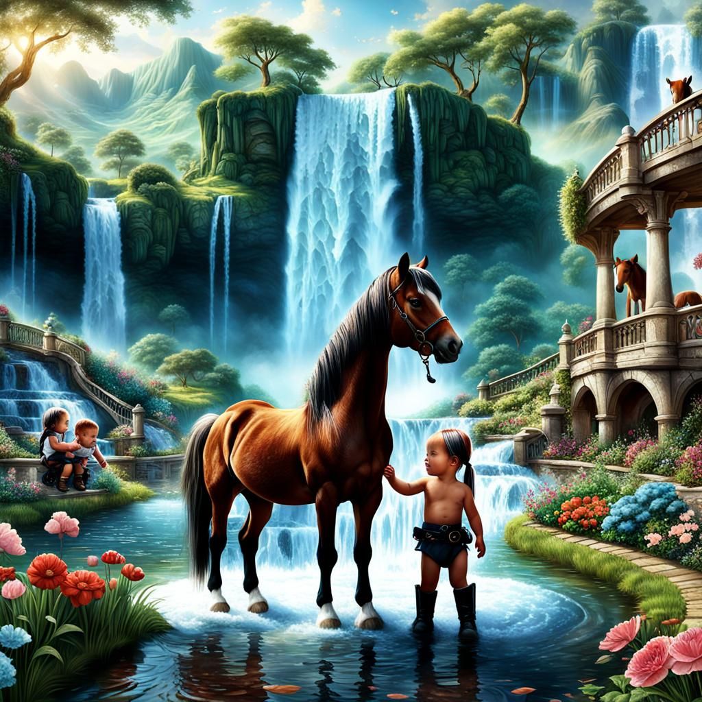 Babies and Ponies in a Waterfall Garden