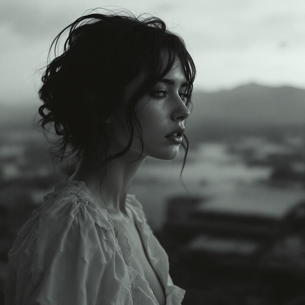 Melancholic Figure in Atmospheric Post-Apocalyptic Landscape