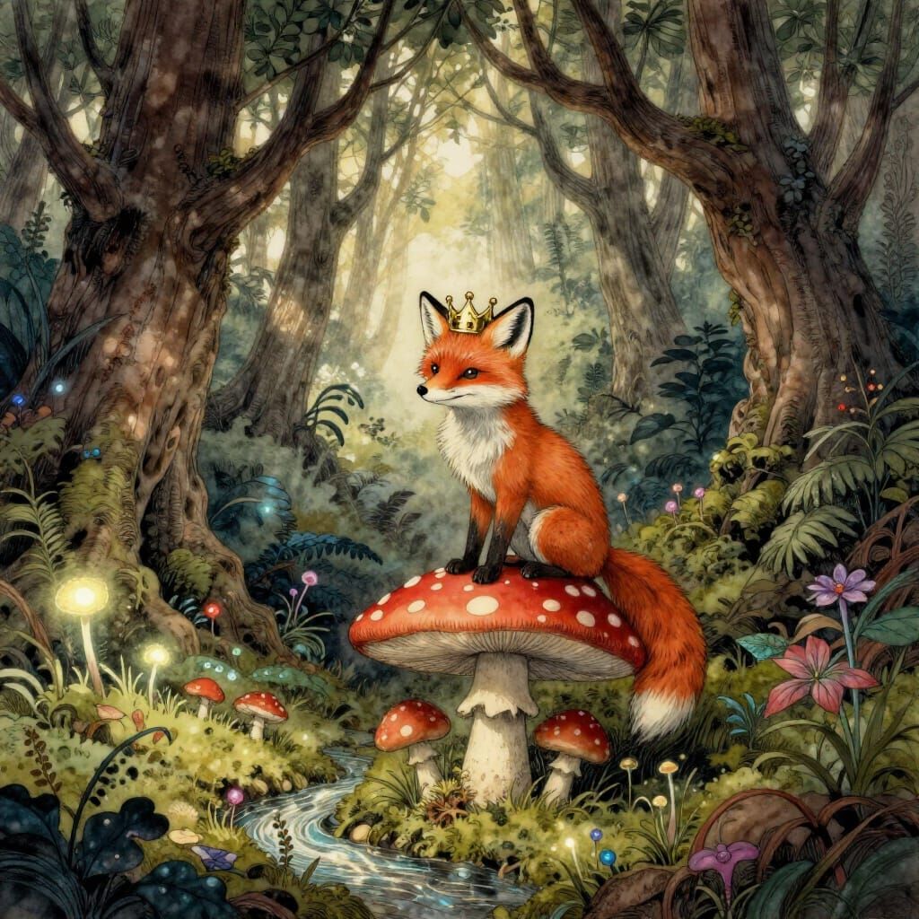 Fox in Crown on Mushroom in Mystical Forest Clearing