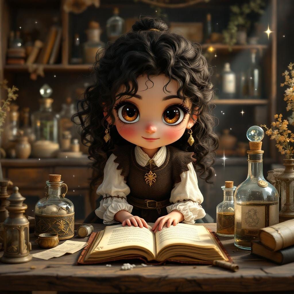 Chibi Apothecary Studying with Fascination in Oil Realism