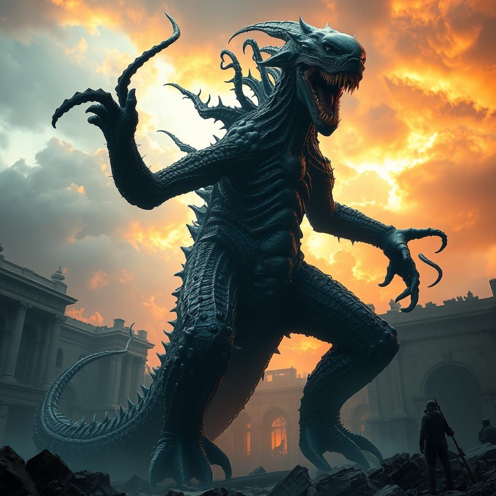 Giant Black Symbiote Warrior in a Fiery Ruined Landscape