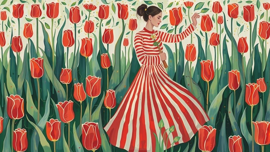 Surreal Figure of Stripes and Tulips in Gustav Klimt-Inspire...