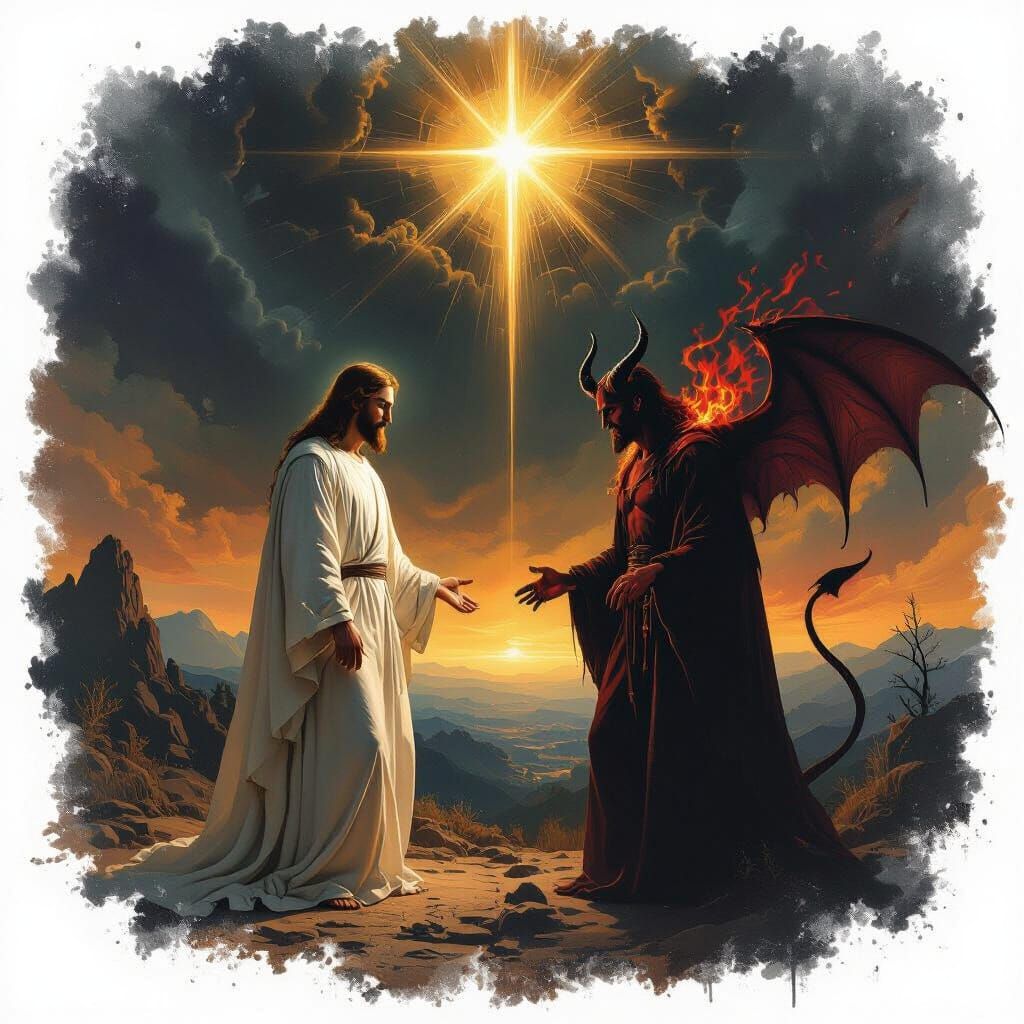 Jesus and Devil in Dramatic Celestial Landscape