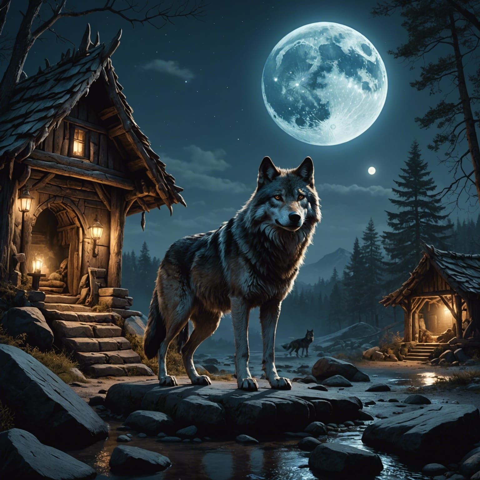 Moonlit Wolf Guarding Den: Fantasy Concept Art