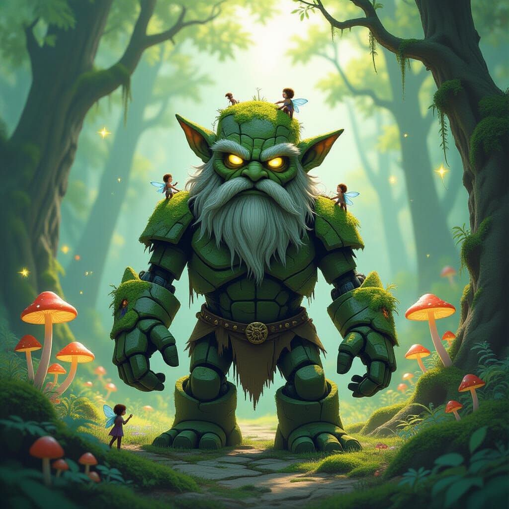 Moss-Covered Stone Golem in Enchanted Forest