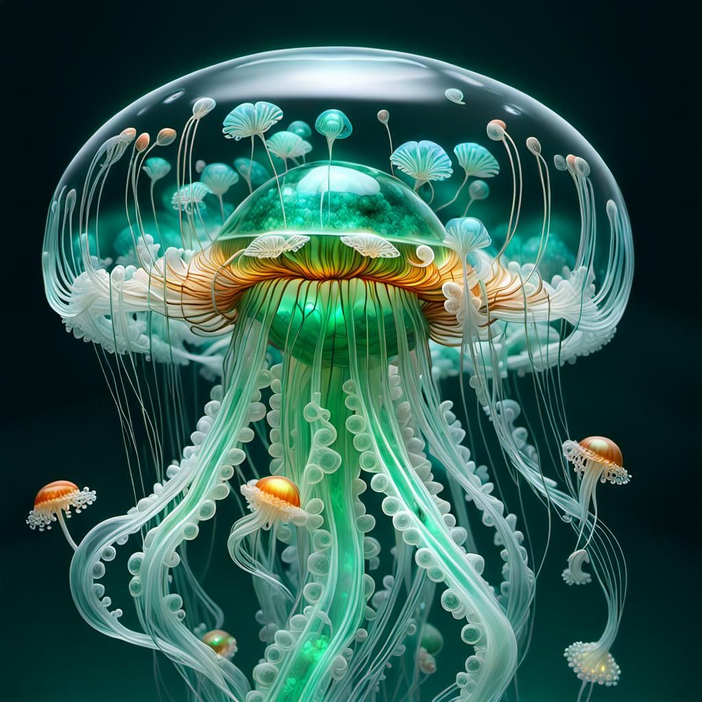 Bioluminescent Crystal Jellyfish in Deep Sea Fantasy Art